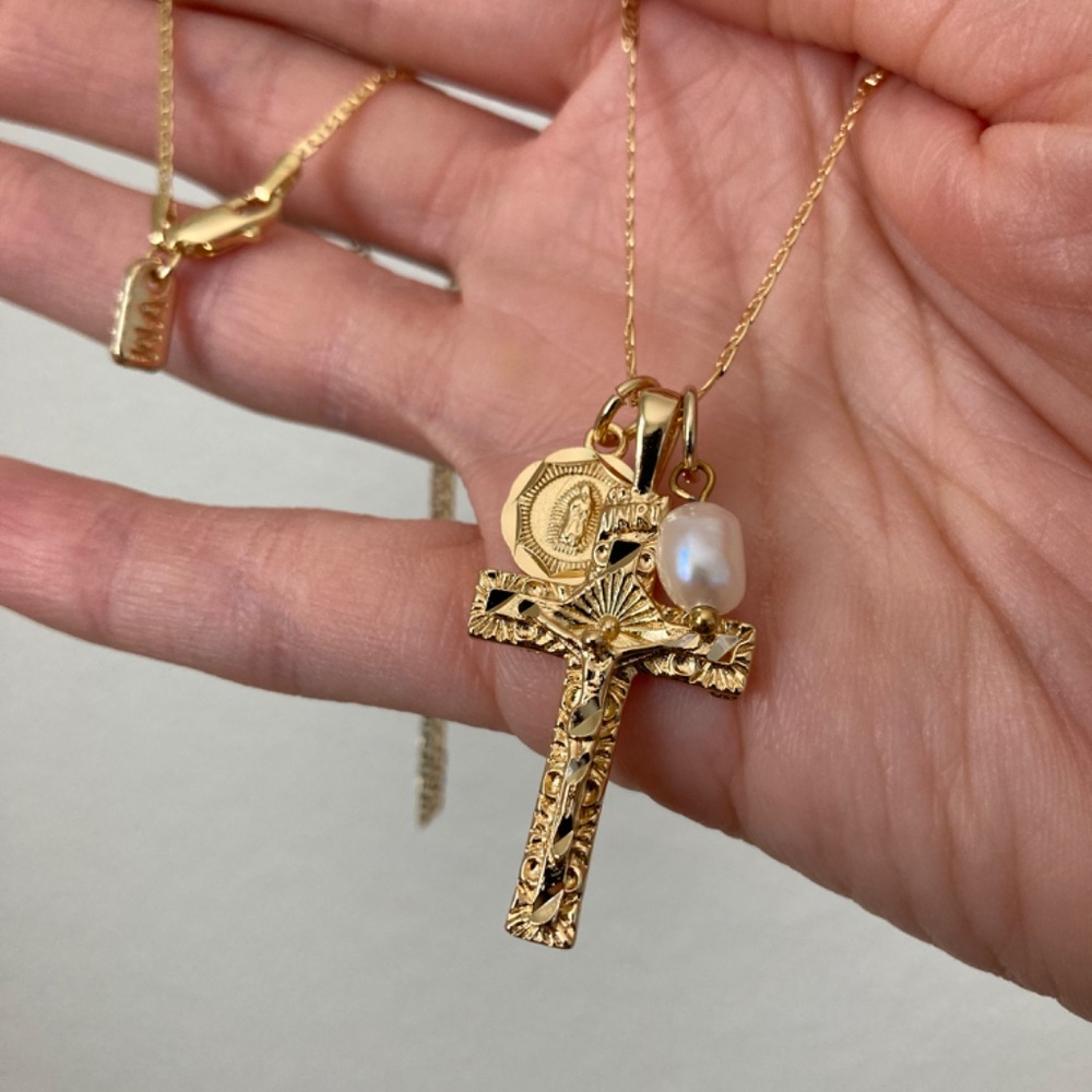 Vanessa Mooney pearl cross dainty charm necklace charm jewelry necklace gold